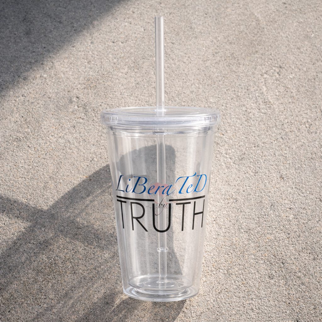 Liberated By Truth - Cursive - Clear plastic tumbler