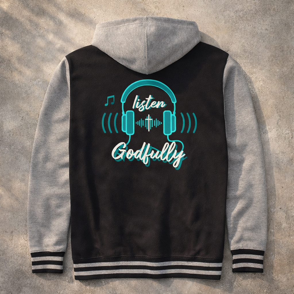 Listen Godfully Hoodie - Gunmetal Heather Design - Unisex Varsity Full-Zip Hooded Sweatshirt