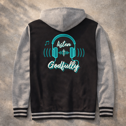 Listen Godfully Hoodie - Gunmetal Heather Design - Unisex Varsity Full-Zip Hooded Sweatshirt
