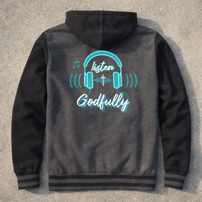Listen Godfully Hoodie - Charcoal Heather Design - Unisex Varsity Full-Zip Hooded Sweatshirt