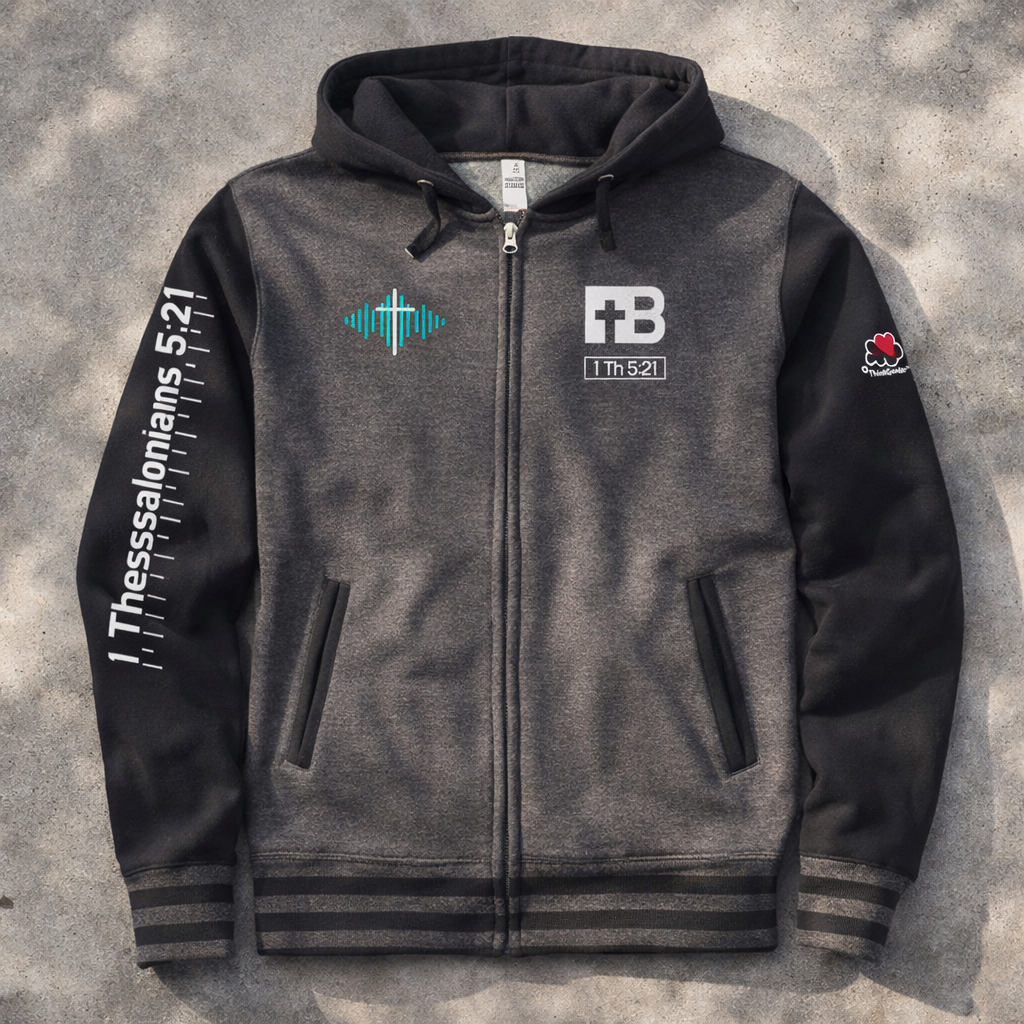 Listen Godfully Hoodie - Charcoal Heather Design - Unisex Varsity Full-Zip Hooded Sweatshirt