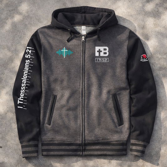 Listen Godfully Hoodie - Charcoal Heather Design - Unisex Varsity Full-Zip Hooded Sweatshirt