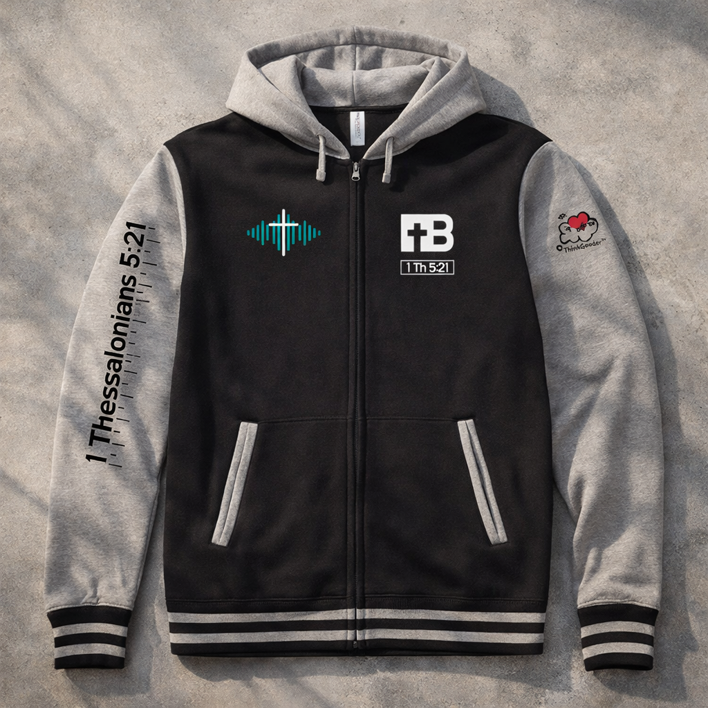 Listen Godfully Hoodie - Gunmetal Heather Design - Unisex Varsity Full-Zip Hooded Sweatshirt