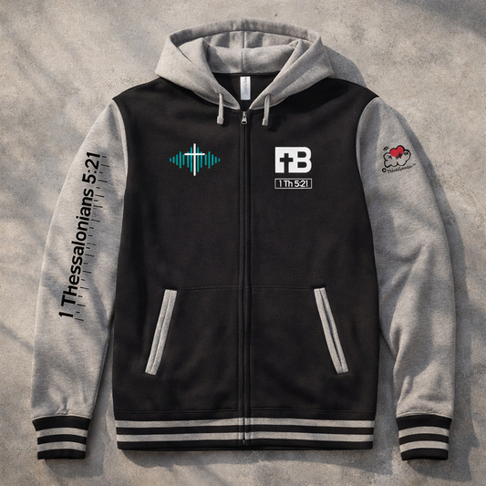 Listen Godfully Hoodie - Gunmetal Heather Design - Unisex Varsity Full-Zip Hooded Sweatshirt