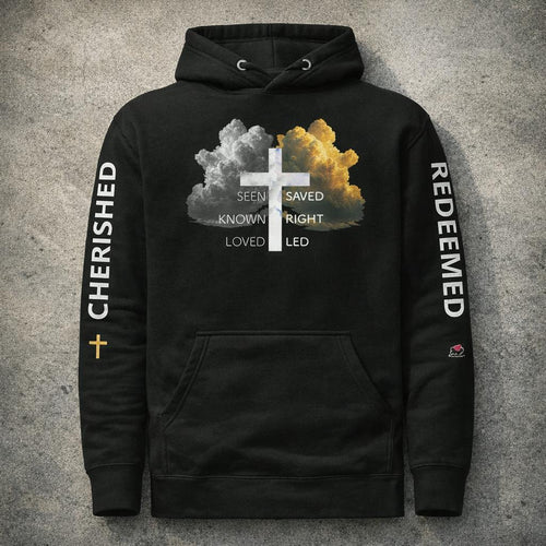 Redeemed Unisex Hoodie Black, front concrete flat lay