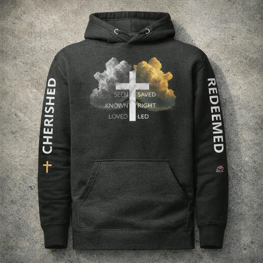 Redeemed Unisex Hoodie Charcoal Heather, front concrete flat lay
