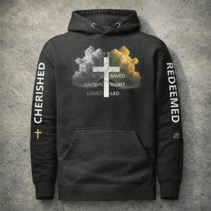 Redeemed Unisex Hoodie Charcoal Heather, front concrete flat lay