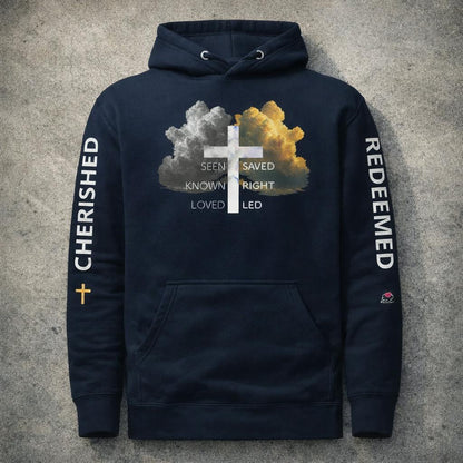 Redeemed Unisex Hoodie Navy Blazer, front concrete flat lay