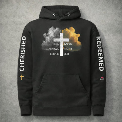 Redeemed Unisex Hoodie in smooth Vintage Black, front flat lay on concrete