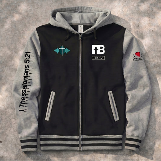 Listen Godfully Hoodie - Gunmetal Heather Design - Unisex Varsity Full-Zip Hooded Sweatshirt